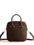 Brown leather handbag with gold accents on a white background